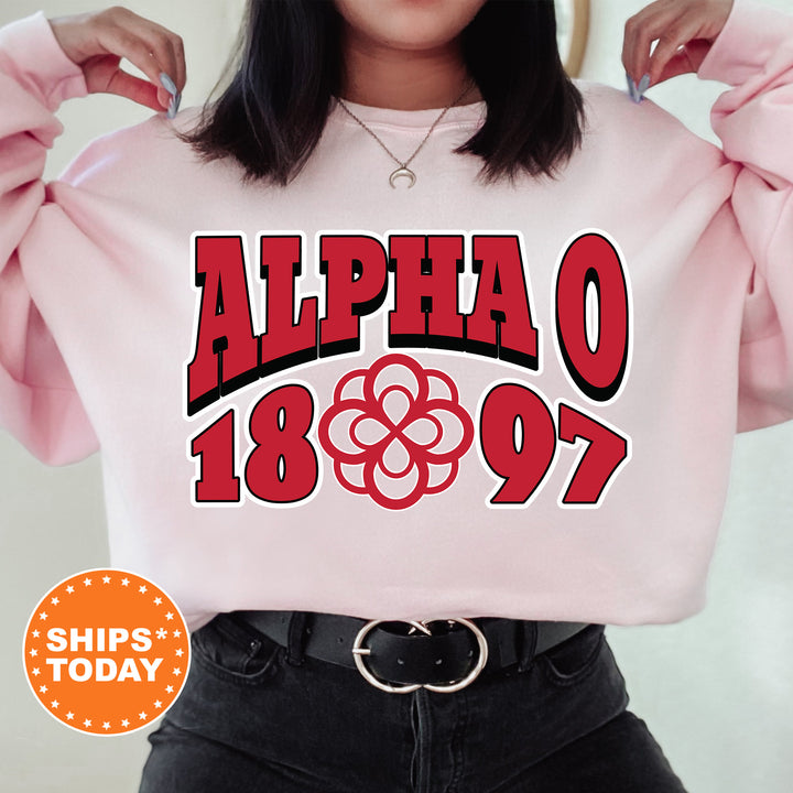 a woman wearing a pink sweatshirt with the words alphao on it
