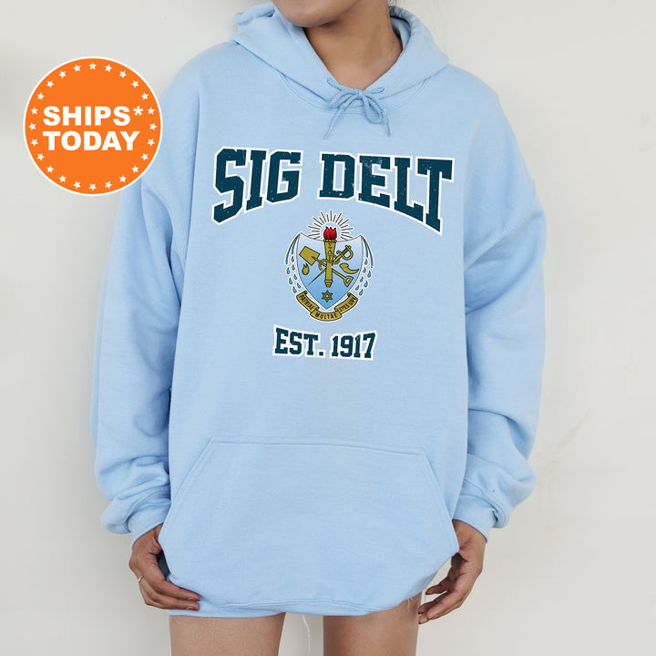 a person wearing a blue hoodie with the word, sig delt est