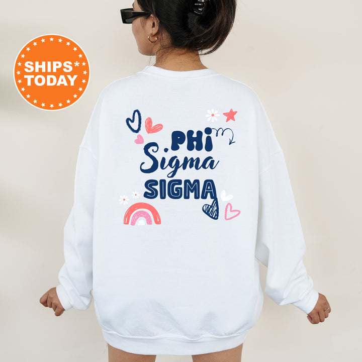 a woman wearing a white sweatshirt that says phi sigma sigma