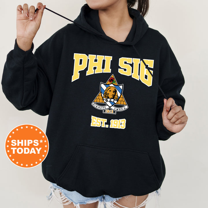 a woman wearing a black phi sig hoodie