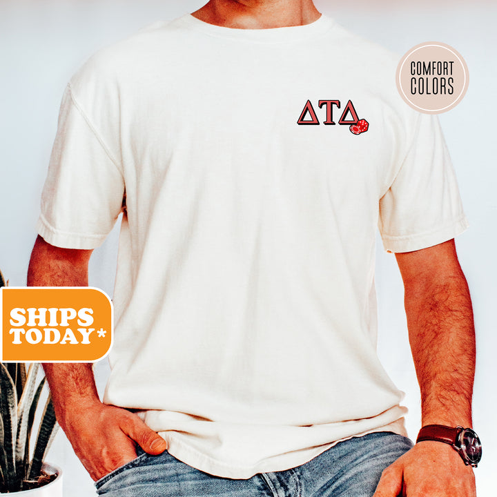 a man wearing a white t - shirt with a sticker on it