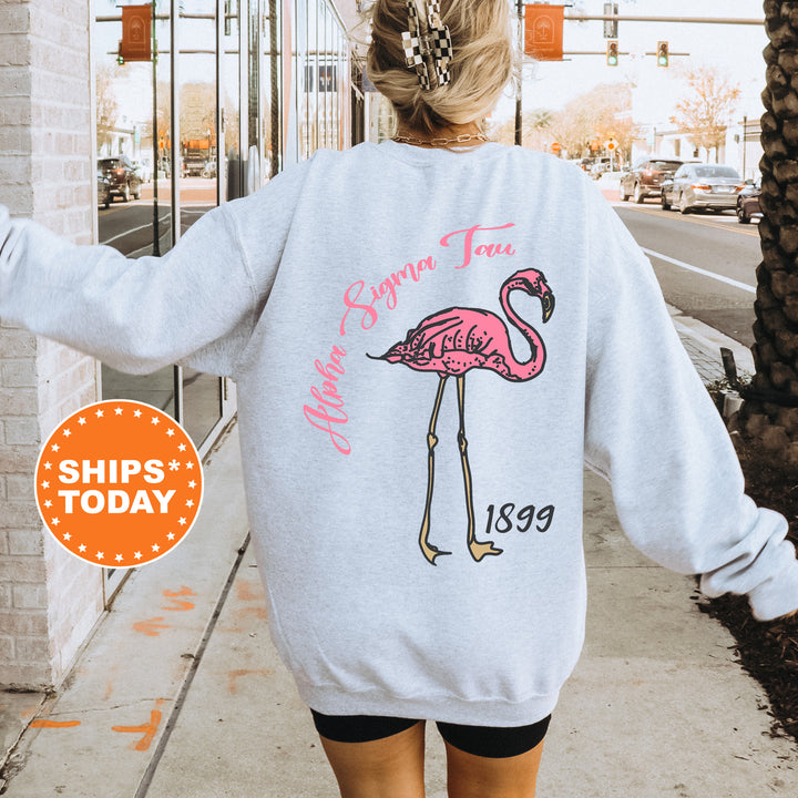 a woman walking down a sidewalk with a pink flamingo sweatshirt on