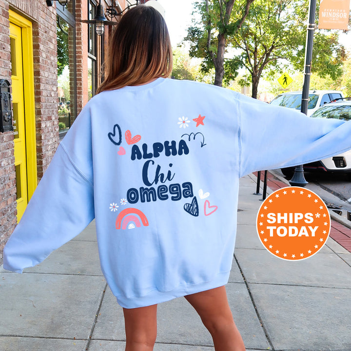 a woman walking down a sidewalk wearing a blue sweatshirt