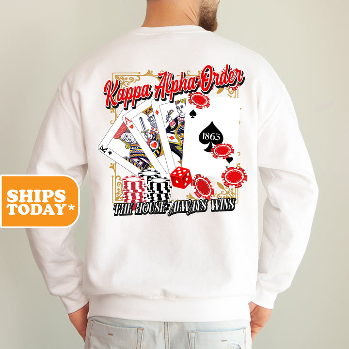 a man wearing a happy happy father's day sweatshirt