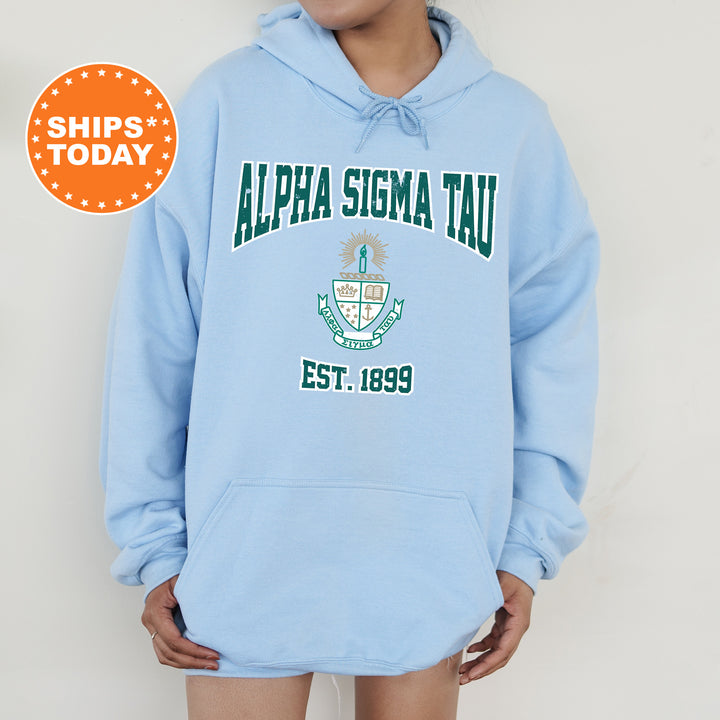 a person wearing a light blue hoodie with a green and white logo