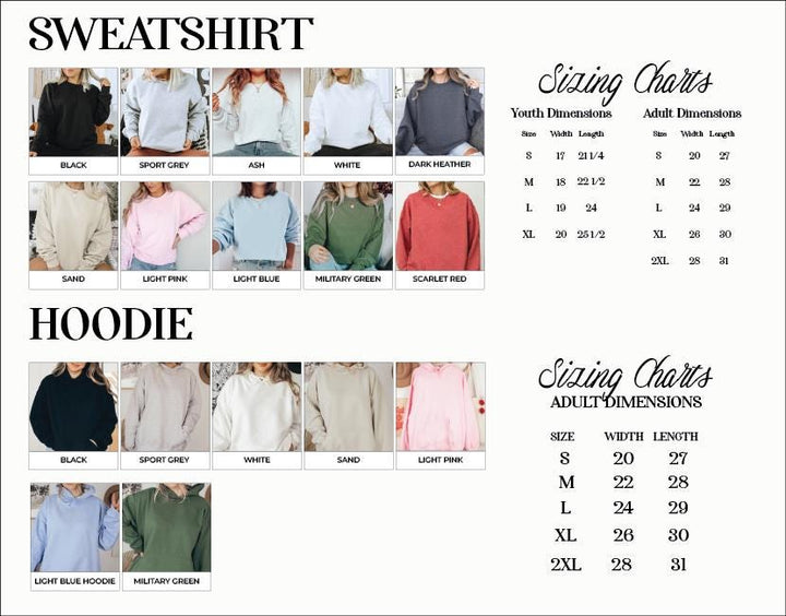 a collection of clothing items, including a sweatshirt and a hoodie, along with their corresponding size charts and dimensions.