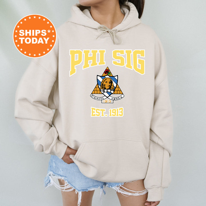 a woman wearing a phi sig hoodie