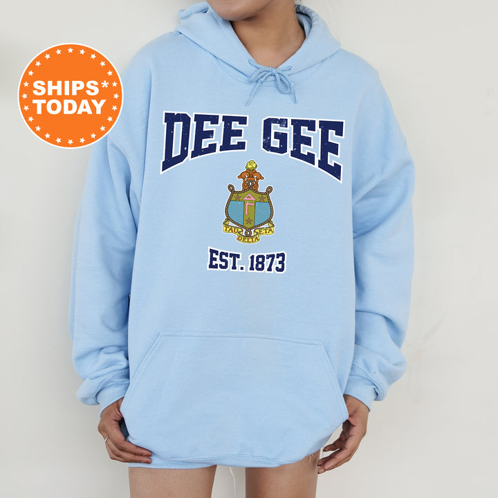 a person wearing a blue hoodie that says dee gee