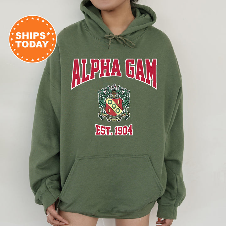 a person wearing a green hoodie with the words alpha gam on it