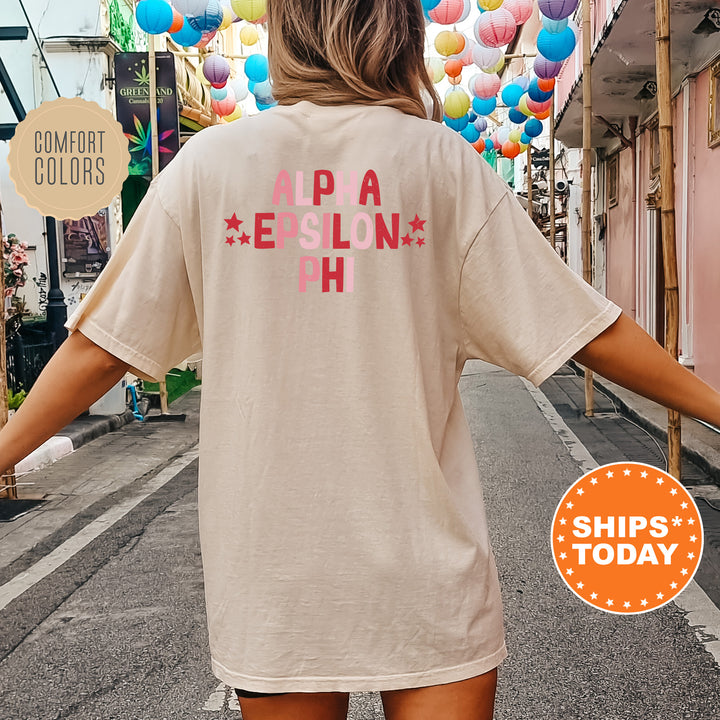 a woman walking down a street with balloons in the background