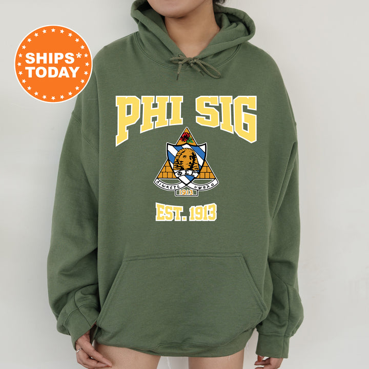 a person wearing a green phi sig hoodie