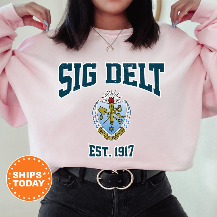 a woman wearing a pink sweatshirt with the word sig diet est 1917 printed on