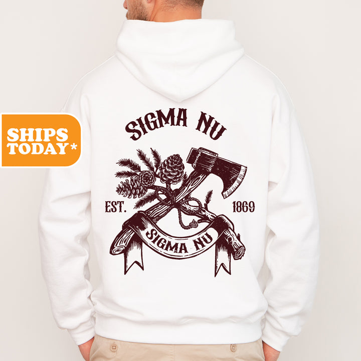 a man wearing a white hoodie with a hammer and pine tree on it