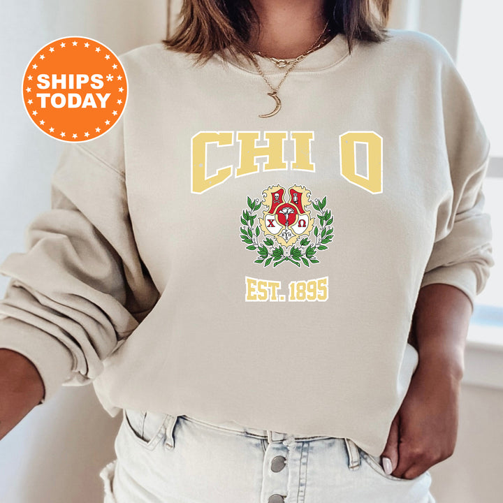 a woman wearing a sweatshirt with the words chio on it