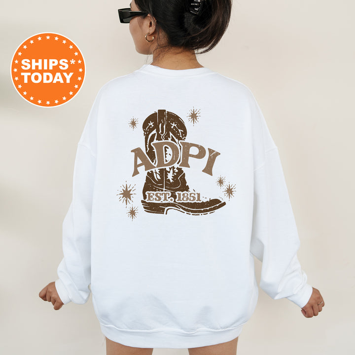 a woman wearing a white sweatshirt with the words adopt on it
