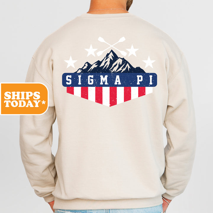a man wearing a sweatshirt with the american flag on it