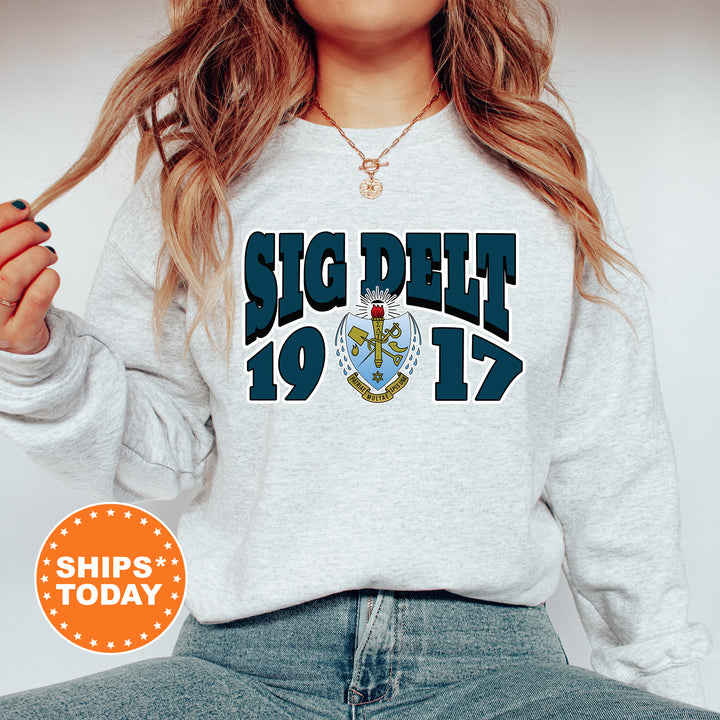 a woman wearing a sweatshirt with a seal on it