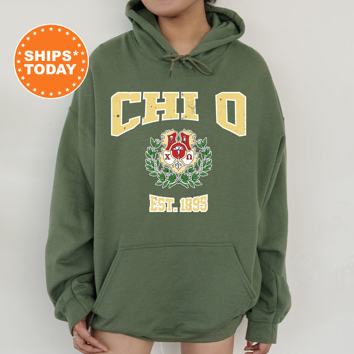 a person wearing a green hoodie with the words chio on it
