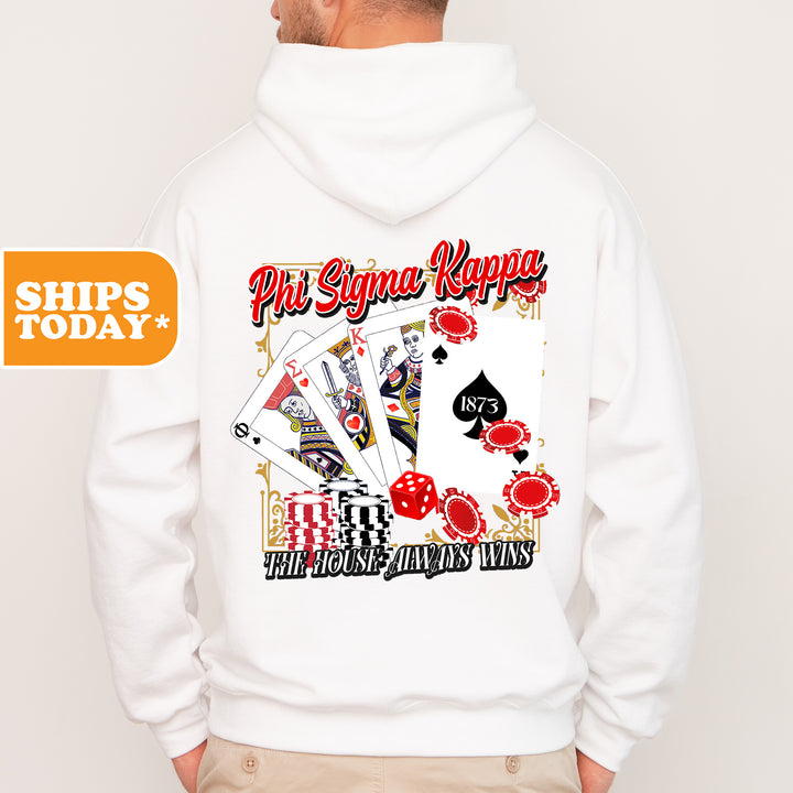 a man wearing a white hoodie with a card design on it