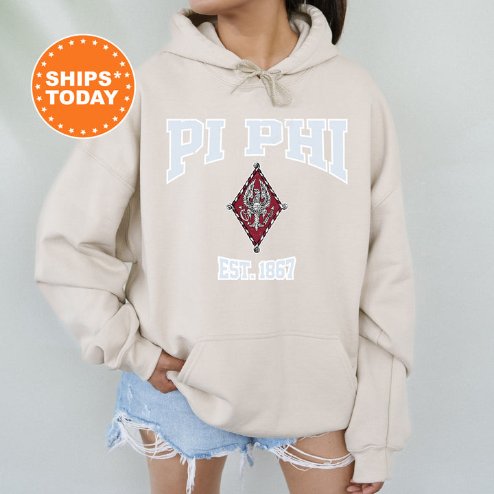 a woman wearing a sweatshirt with the word phi on it