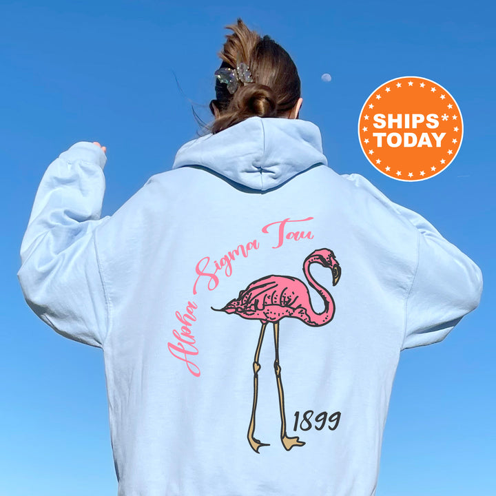 a woman wearing a white sweatshirt with a pink flamingo on it