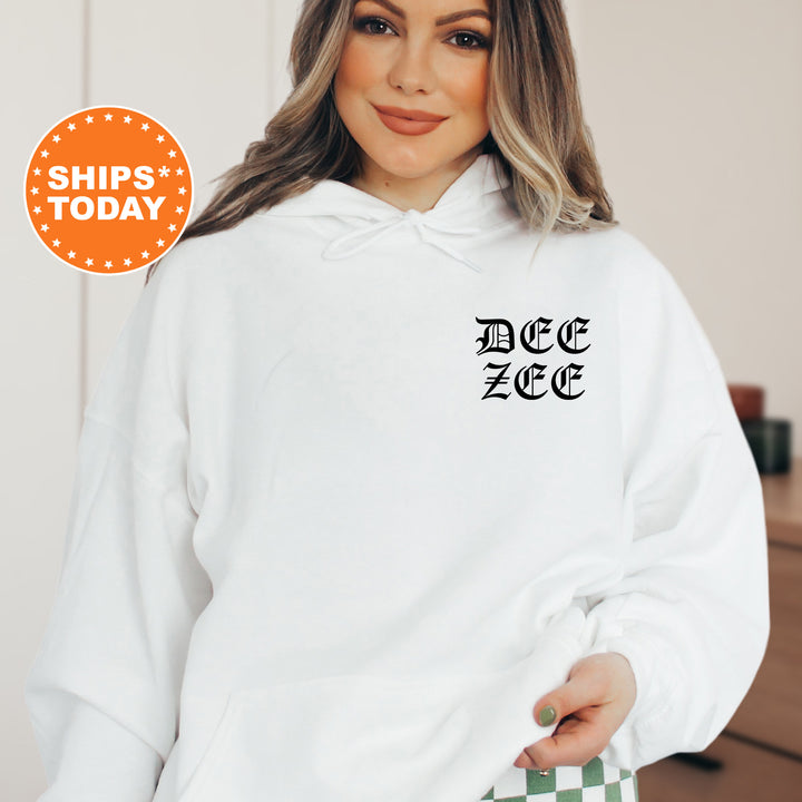 a woman wearing a white hoodie with black letters on it