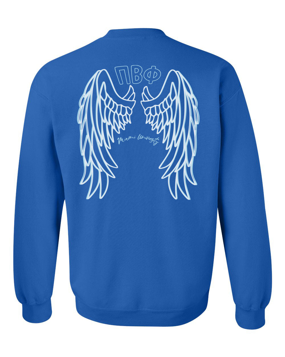 Kite and Crest Pi Beta Phi at Miami University Blue Angel Wings Greek Letters Back and Pocket Print Sweatshirt