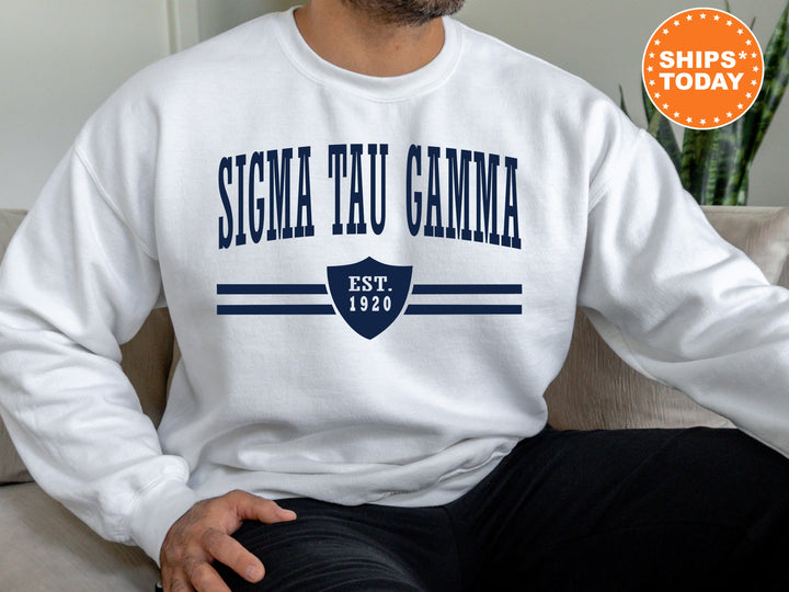 Sigma Tau Gamma Striped Shield Fraternity Sweatshirt | Sig Tau Hoodie | Sig Tau Initiation | Fraternity Letters | Vintage Sweatshirt _ 5918g