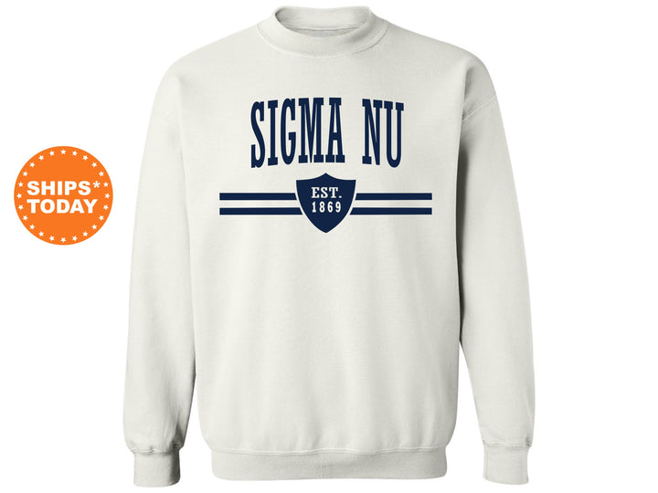 Sigma Nu Striped Shield Fraternity Sweatshirt | Sigma Nu Hoodie | Greek Apparel | Fraternity Initiation | Fraternity Bid Day Gift _ 5915g