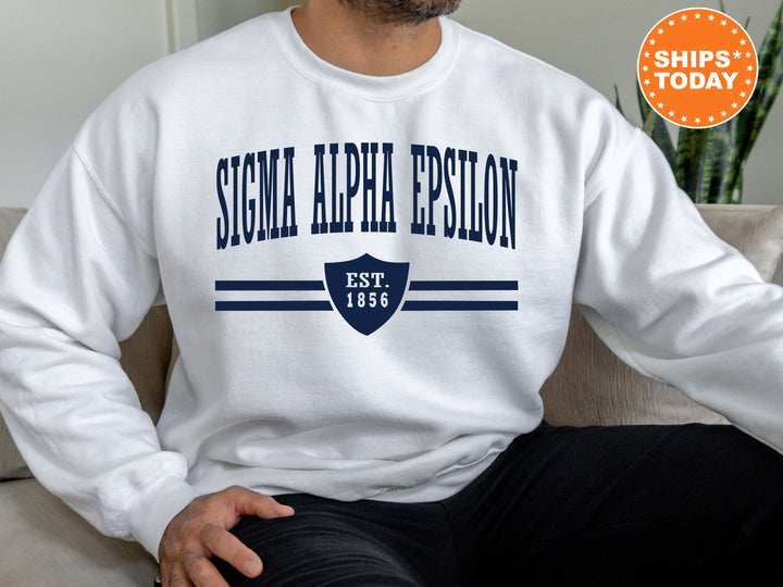 Sigma Alpha Epsilon Striped Shield Fraternity Sweatshirt | SAE Sweatshirt | Greek Life Apparel | Fraternity Hoodie | Gifts For Him _ 5912g