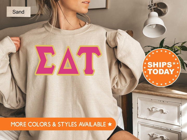 Sigma Delta Tau Pink and Gold Sorority Sweatshirt | Sigma Delta Tau Sweatshirt | Sig Delt Greek Letter | Sig Delt Merch | Big Little
