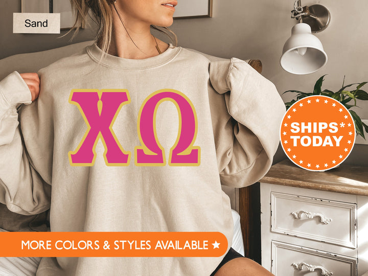 Chi Omega Pink and Gold Sorority Sweatshirt | Chi Omega Sweatshirt | XO Greek Letters | Chi Omega Hoodie | Chi O Big Little Reveal