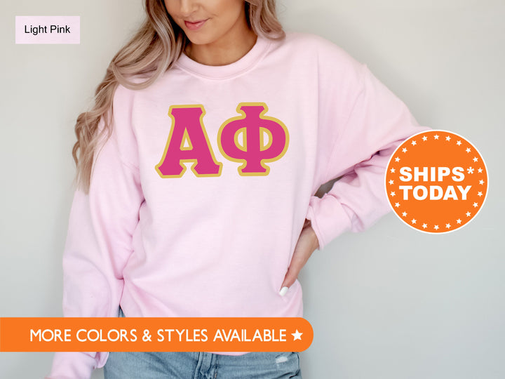 Alpha Phi Pink and Gold Sorority Sweatshirt | Alpha Phi Sweatshirt | APHI Greek Letters | Alpha Phi Hoodie | Big Little Reveal Gift 5265g