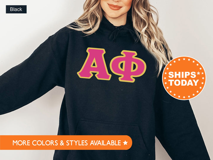 Alpha Phi Pink and Gold Sorority Sweatshirt | Alpha Phi Sweatshirt | APHI Greek Letters | Alpha Phi Hoodie | Big Little Reveal Gift 5265g