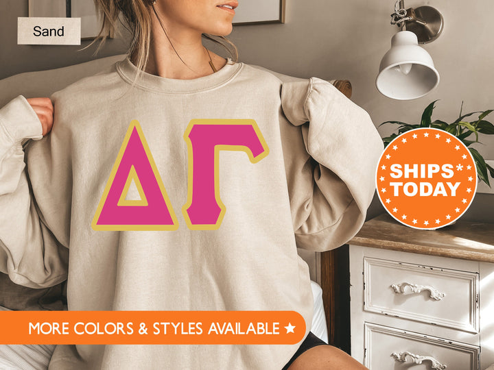 Delta Gamma Pink and Gold Sorority Sweatshirt | Delta Gamma Sweatshirt | DG Greek Letters | Dee Gee Merch | Big Little Reveal