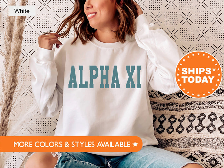 Alpha Xi Delta Bold Aqua Sorority Sweatshirt | Alpha Xi Sorority Letters Crewneck | AXID Sorority Merch | Big Little Gifts | Bid Day Basket
