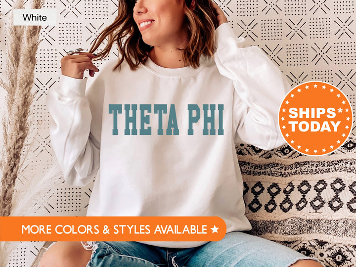 Theta Phi Alpha Bold Aqua Sorority Sweatshirt | Theta Phi Sorority Letters Crewneck | Sorority Merch | Big Little Gifts | Bid Day Basket