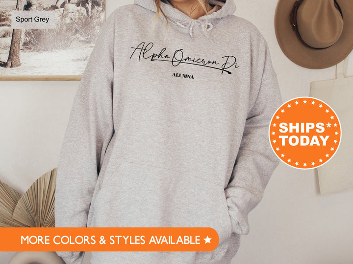 Alpha Omicron Pi Alumna Cursive Sorority Sweatshirt | Alpha O Alumni Sweatshirt | Sorority Alumna Crewneck | College Greek Apparel _ 7258g
