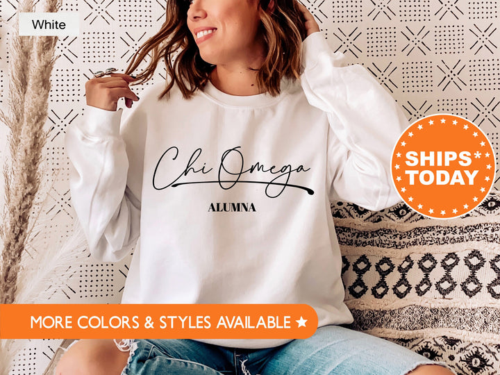 Chi Omega Alumna Cursive Sorority Sweatshirt | Chi O Alumni Sweatshirt | Sorority Alumna Crewneck | College Greek Apparel  _ 7263g