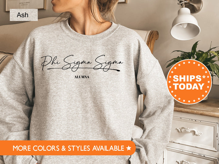 Phi Sigma Sigma Alumna Cursive Sorority Sweatshirt | Phi Sig Alumni Sweatshirt | Sorority Alumna Crewneck | College Greek Apparel _ 7273g