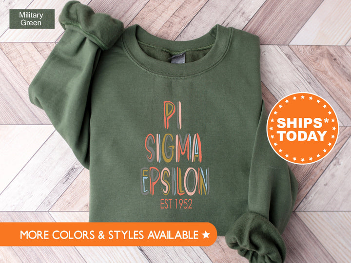 Pi Sigma Epsilon Pastel Stencil Coed Sweatshirt | Pi Sigma Epsilon Sweatshirt | Coed Fraternity Hoodie | PSE Society Greek Apparel _ 8843g