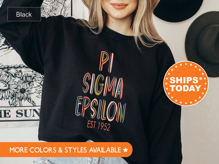 Pi Sigma Epsilon Pastel Stencil Coed Sweatshirt | Pi Sigma Epsilon Sweatshirt | Coed Fraternity Hoodie | PSE Society Greek Apparel _ 8843g