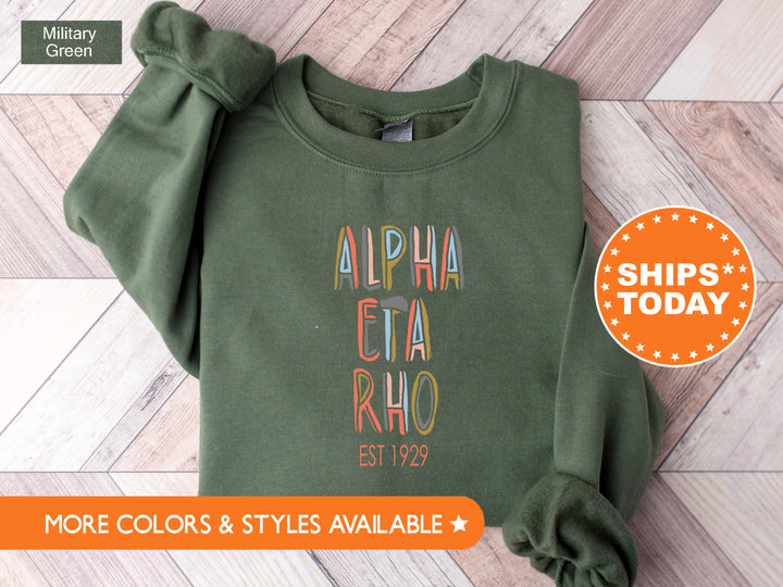 Alpha Eta Rho Pastel Stencil Sweatshirt | Alpha Eta Rho Sweatshirt | Bid Day Gift | College Apparel | Custom Greek Sweatshirt _ 8830g