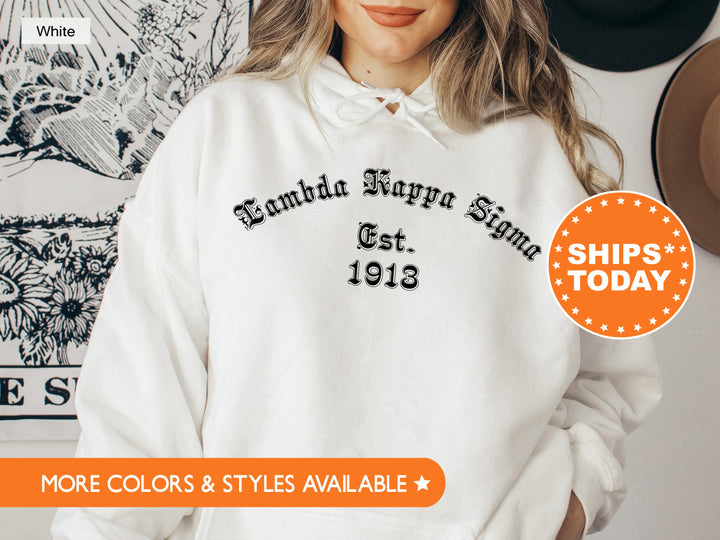 Lambda Kappa Sigma Old English Sorority Sweatshirt | LKS Sweatshirt | Big Little Reveal Gift | Sorority Hoodie | Greek Apparel 8566g