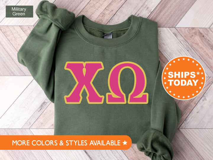 Chi Omega Pink and Gold Sorority Sweatshirt | Chi Omega Sweatshirt | XO Greek Letters | Chi Omega Hoodie | Chi O Big Little Reveal