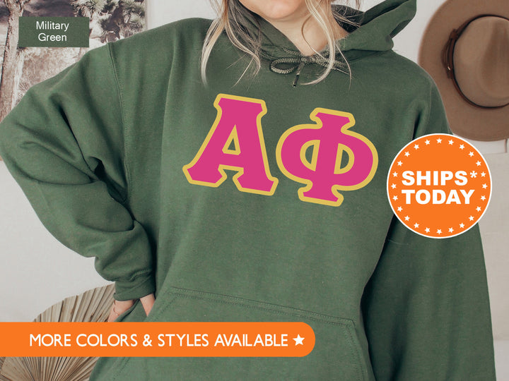 Alpha Phi Pink and Gold Sorority Sweatshirt | Alpha Phi Sweatshirt | APHI Greek Letters | Alpha Phi Hoodie | Big Little Reveal Gift 5265g