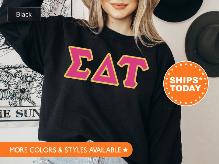Sigma Delta Tau Pink and Gold Sorority Sweatshirt | Sigma Delta Tau Sweatshirt | Sig Delt Greek Letter | Sig Delt Merch | Big Little