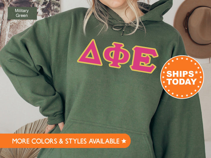 Delta Phi Epsilon Pink and Gold Sorority Sweatshirt | Delta Phi Epsilon Sweatshirt | DPHIE Greek Letters | DPHIE Merch | Big Little