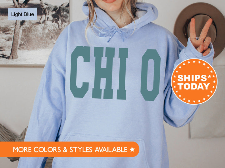 Chi Omega Bold Aqua Sorority Sweatshirt | Chi O Sorority Letters Crewneck | Sorority Merch | Big Little Reveal Gifts | Bid Day Basket