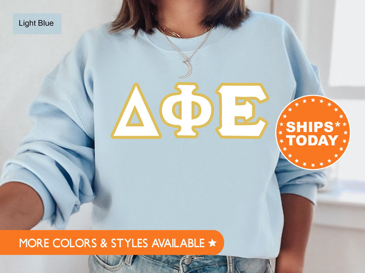 Delta Phi Epsilon Simply Gold Sorority Sweatshirt | DPhiE Greek Letters | Sorority Letters | Big Little Gift | Custom Sorority Crewneck 8436g